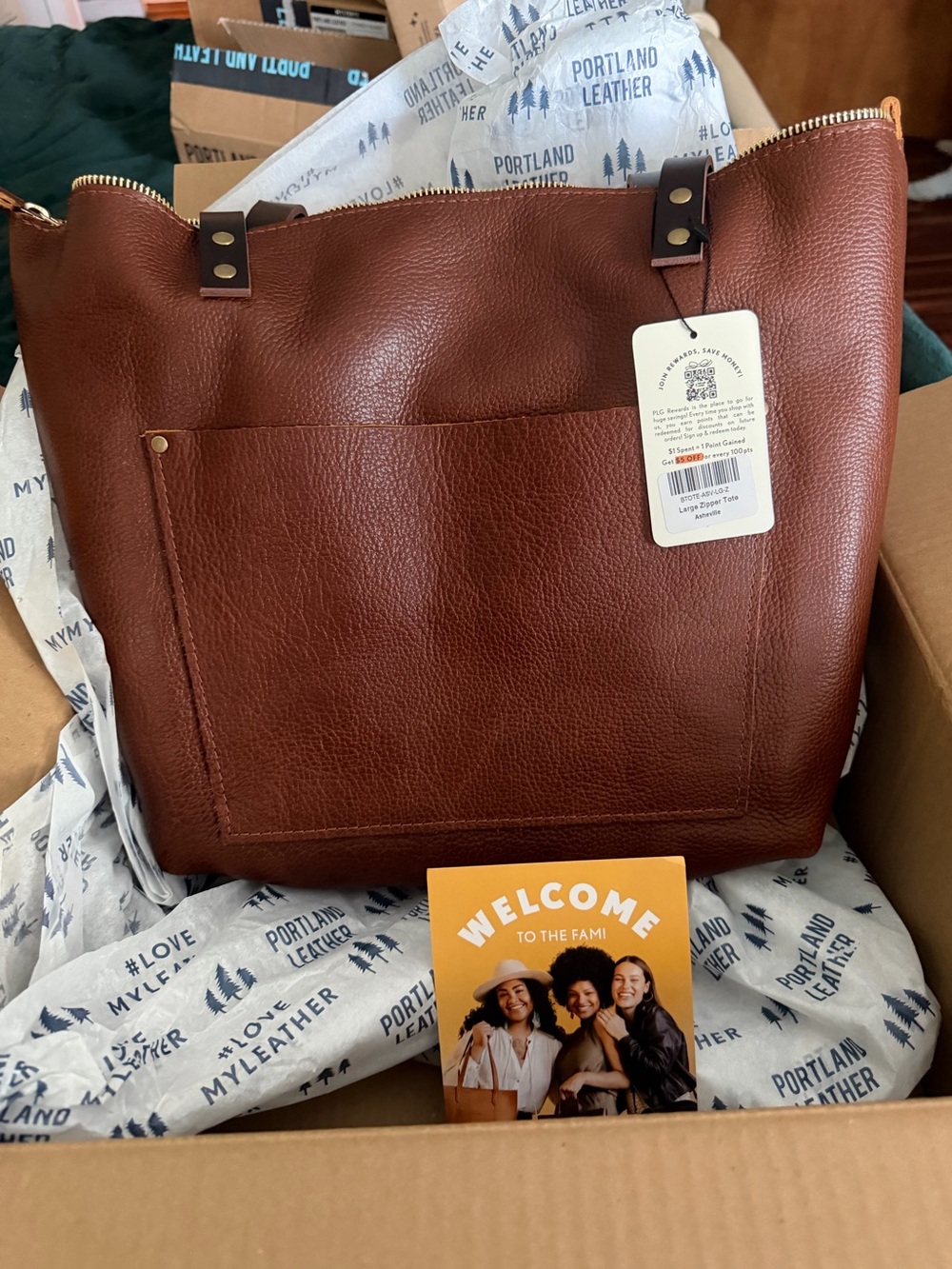 Portland Leather Large Asheville Brown Large Zipper Tote with Front Pocket
